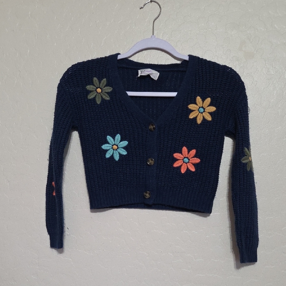 Navy Kids Cardigan with Colorful Floral Accents